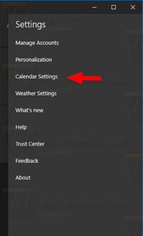 „Windows 10“ kalendoriaus nustatymų elementas