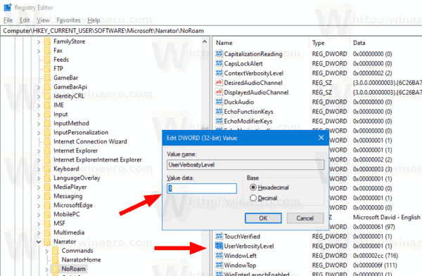 A Windows 10 Narrátor bőbeszédűségi szintű beállításjegyzékének módosítása