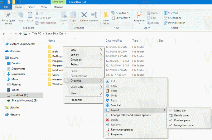 Menu de contexto de organização do Windows 10