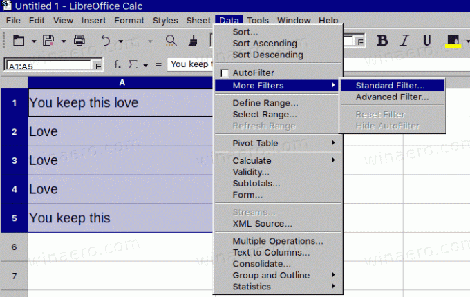 LibreOffice Calc Data Daugiau filtrų Standartinis filtras
