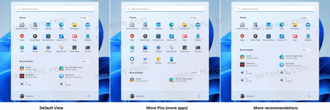 Izkārtojumi, lai parādītu vairāk spraudīšu vai ieteikumu Windows 11 izvēlnē Sākt