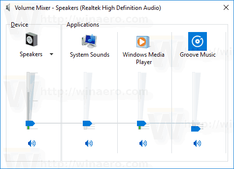 Aplicación de mezclador de volumen clásico de Windows 10