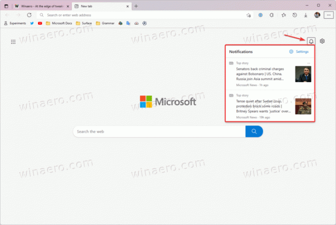 Notificações de notícias na página nova guia no Microsoft Edge