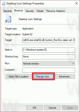 Windows 10 darbvirsmas ikonu iestatījumi Mainīt ikonas pogu