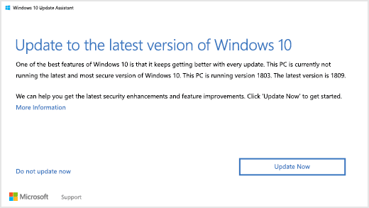 Notifiche dell'assistente di aggiornamento di Windows 10