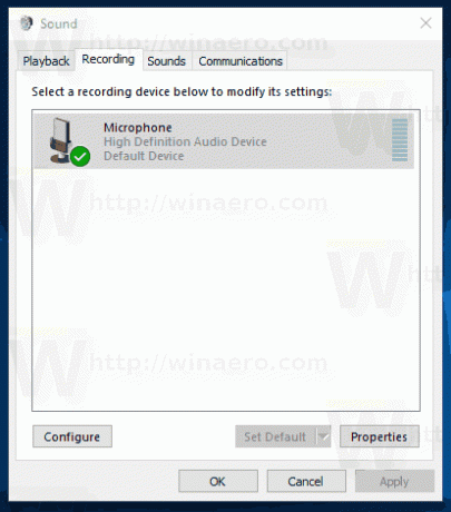 Onglet Enregistrement de la boîte de dialogue Son de Windows 10