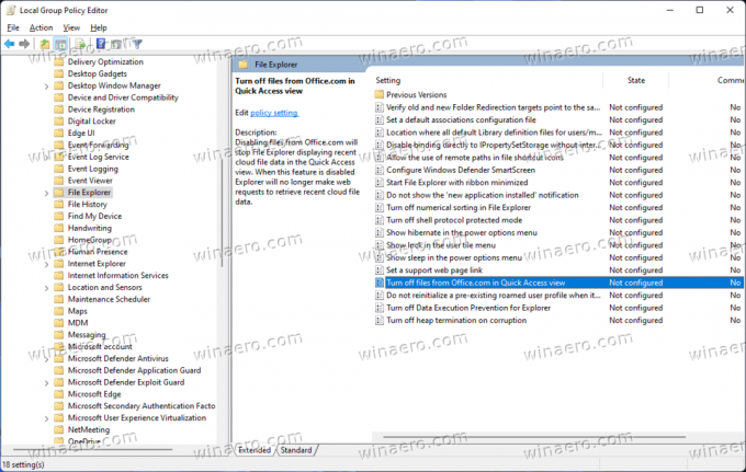 Išjunkite failus iš Office.com greitosios prieigos peržiūros strategijoje Windows 11