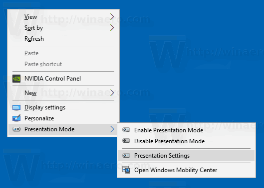 Menu kontekstowe trybu prezentacji systemu Windows 10